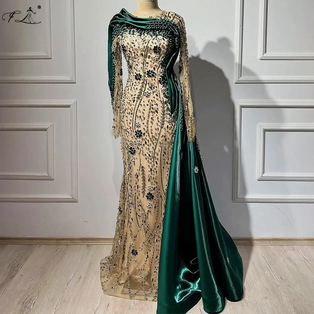 

Вечерние платья Floria: роскошные женские вечерние наряды 2025 года с кристаллами, круглым вырезом, расшитые бисером, с кружевом и длинными рукавами, со шлейфом сбоку