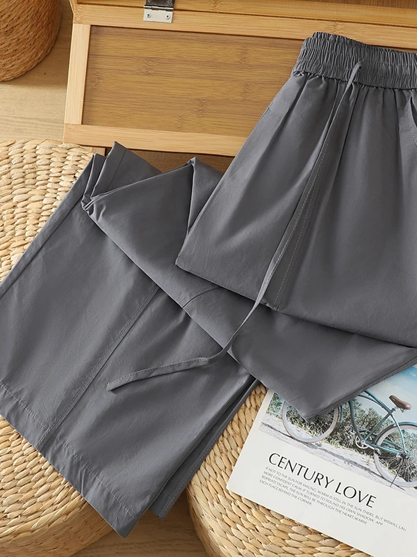 Authentic American Lazy Loose Feel Grey Pants High Waist Drapey Loose Knife Wide Leg Cotton Blend Casual Trousers for Women