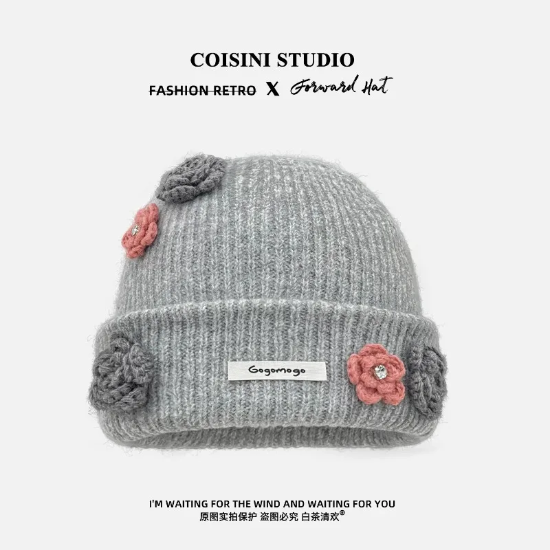 Women 3D Crochet Flower Rhinestone Beanies Sweet Ribbed Knit Cuffed Hat Winter Warm Soft Elegant Girls Daily Street Headwear