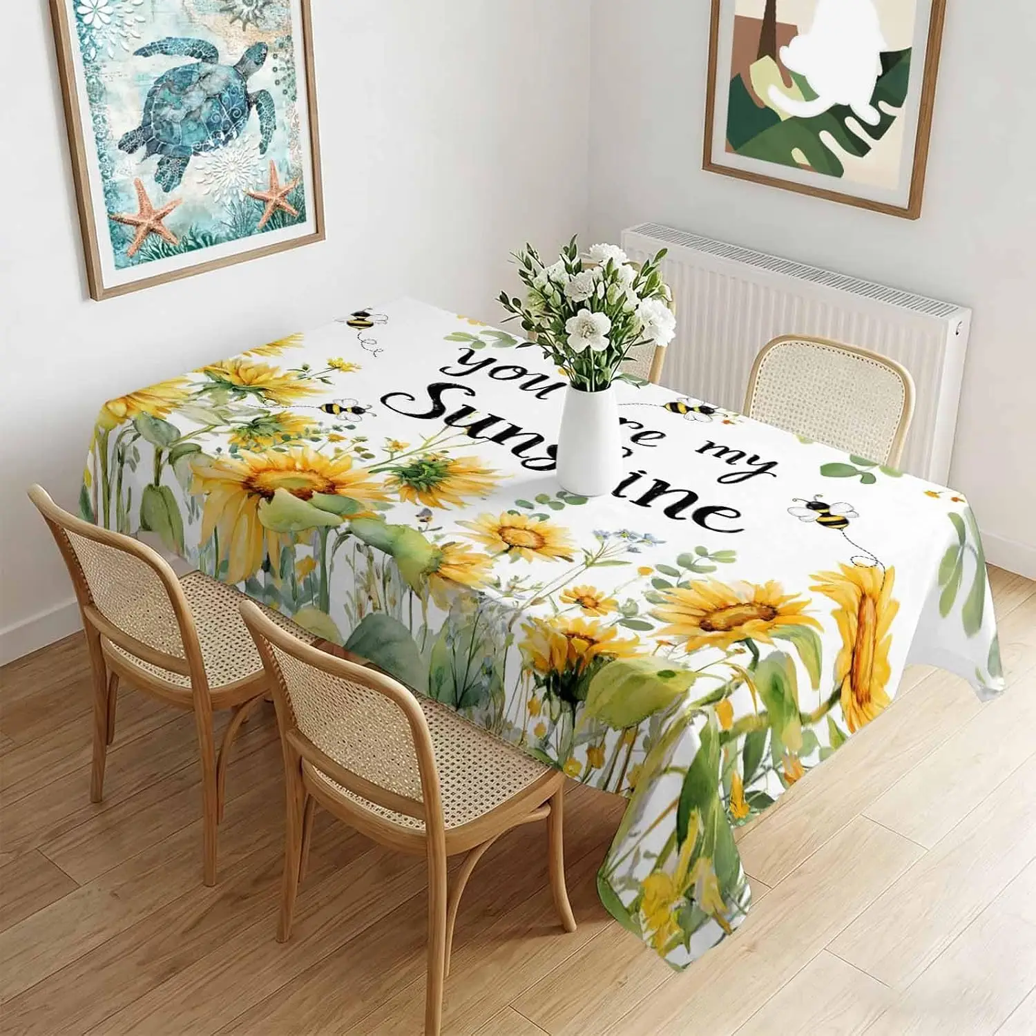 Farmhouse-Tischdecke mit Sonnenblumenblättern und Bienen, rechteckig, für Tischdekoration, rustikaler pastoraler Pflanzen-Druck, Esstischdecke, Party-Dekoration