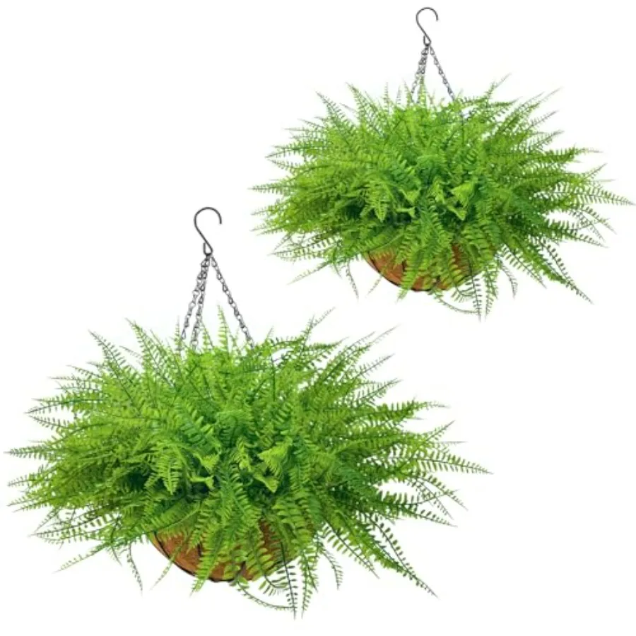 

Outdoor artificial ferns set in coconut baskets: UV-resistant fake Boston ferns Persian grass with 12 coir pot and chain for po
