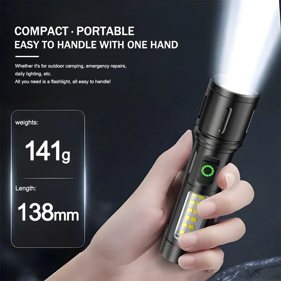 High Power LED Flashlight with Side Light Built-in 18650 Battery Telescopic Zoom Portable Torch Outdoor Riding Camping Lantern