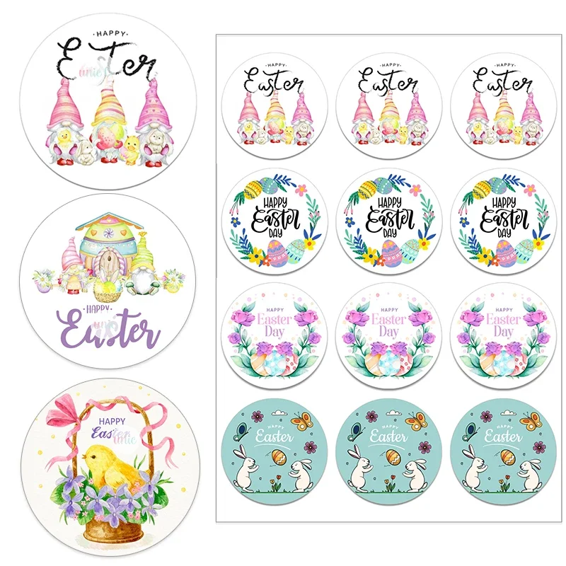 Happy Easter  Stickers Cute Rabbit Bunny Gnomes Self Adhesive Seal Label Sticker For Easter Party Gift Bag Decor Tags Handmade