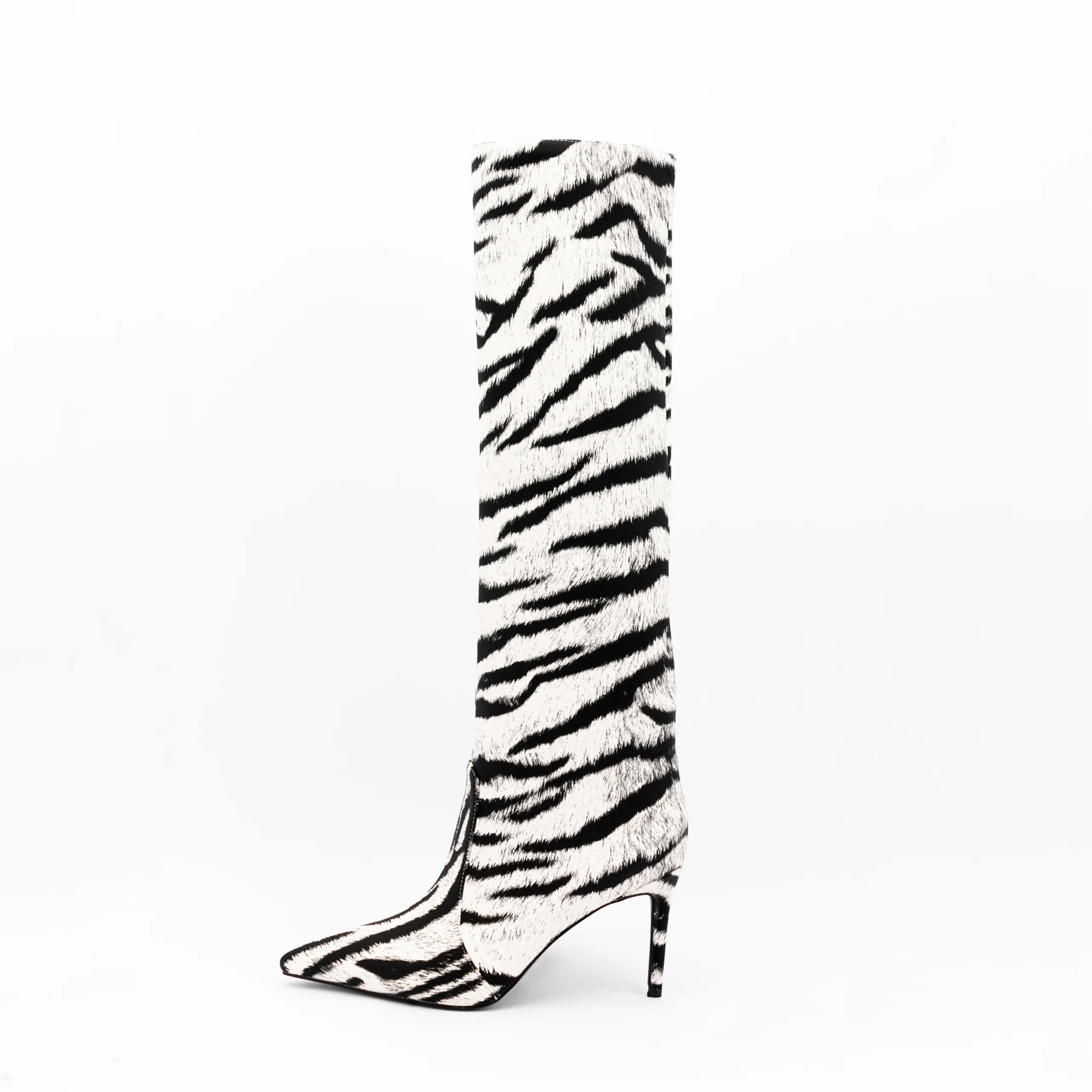 

Pointed toe tiger print knee-high boots performance sleeves stiletto high women's boots black and white striped straight boots