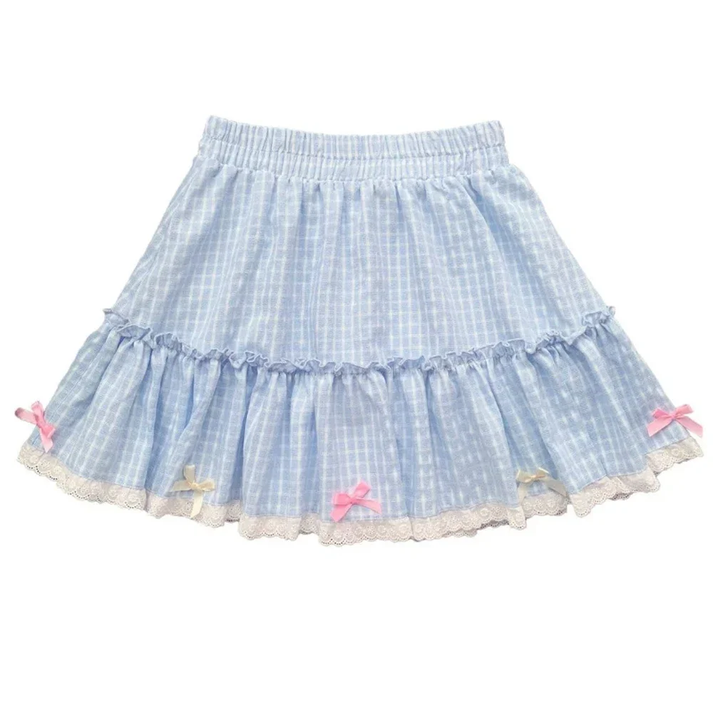 

Women Y2k Aesthetic Bow Japanese Skirt Student Preppy Style Short Skirts Blue Plaid Print Kawaii Lolita Mini Pleated Fairy Skirt