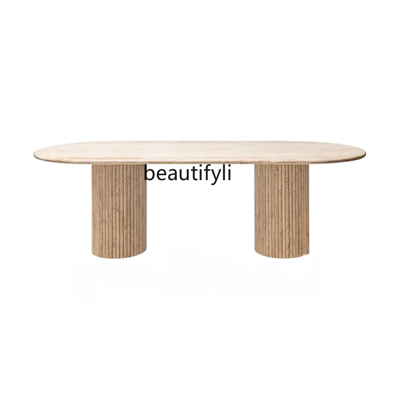 

Wabi Sandy Minimalist Designer Rectangle Natural Roman Travertine Dining Table Household Long Table