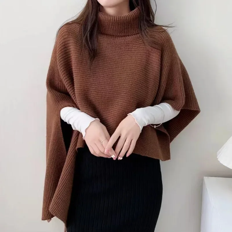 Poncho Cloak Autumn and Winter New High Necked Shawl Knit Sweater Women's Versatile Cape Style Sweater Lady Coat Beige