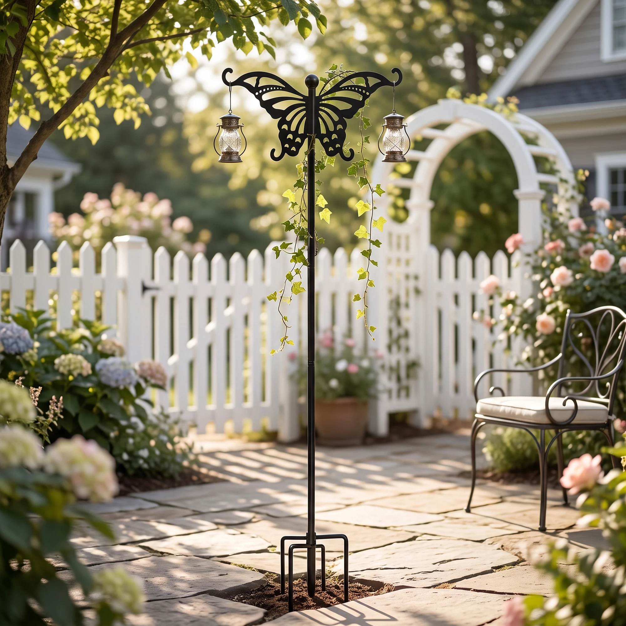 Heavy Duty Butterfly Garden Shepherd Hook – 5-Prong Metal Hanging Stake for Flower Baskets, Lanterns & Wind Chimes, Detachable Design, 76/92 Inches, Black