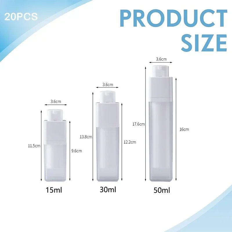 20pcs 15ml/30ml/50ml Airless Scent Pump Bottles Frosted Square Lotion Empty Spray Bottles Travel Cosmetic Dispensers Containers