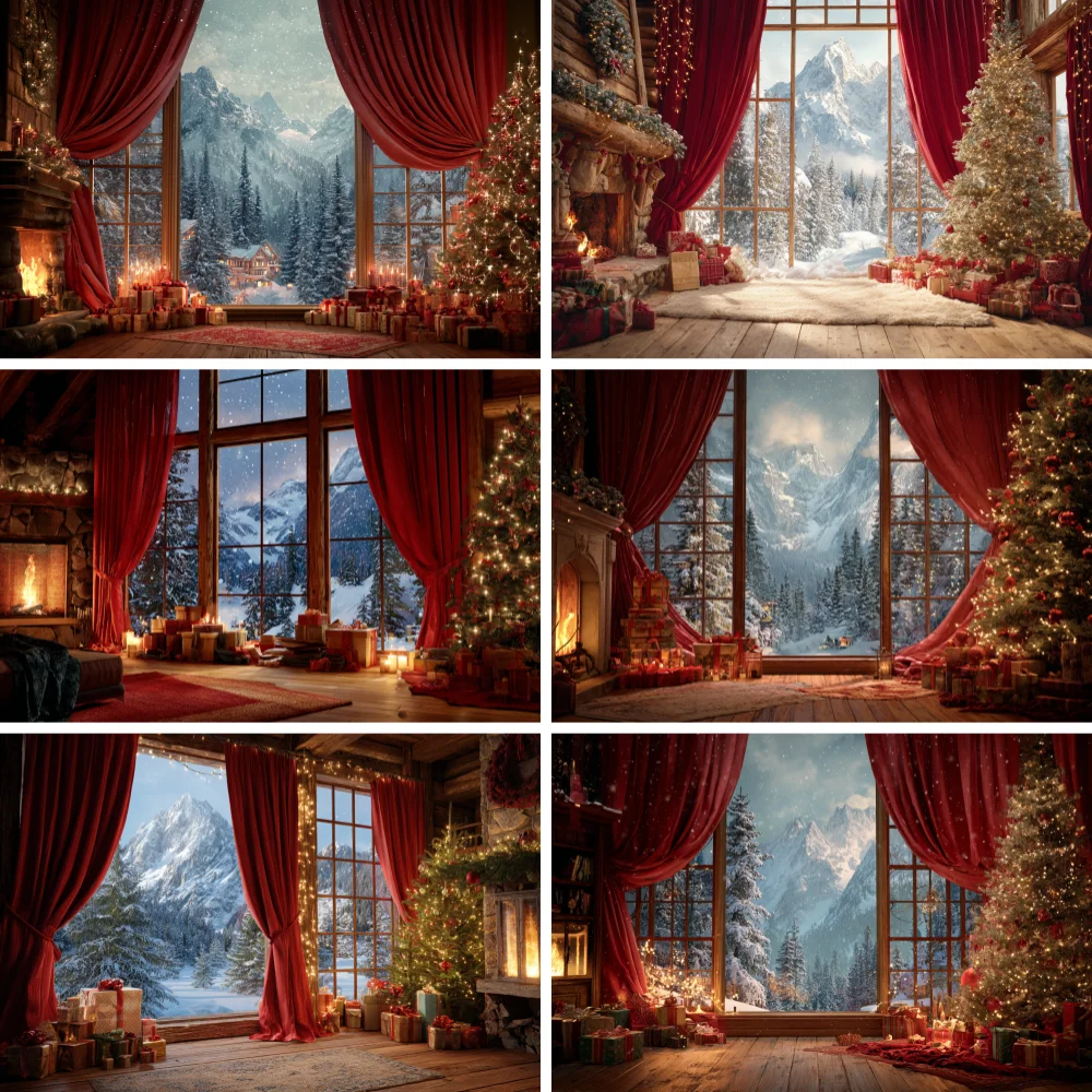 

Christmas Window Santa Claus Backdrops Winter Christmas Tree Curtains Night Lights Xmas Eve New Year Photography Background