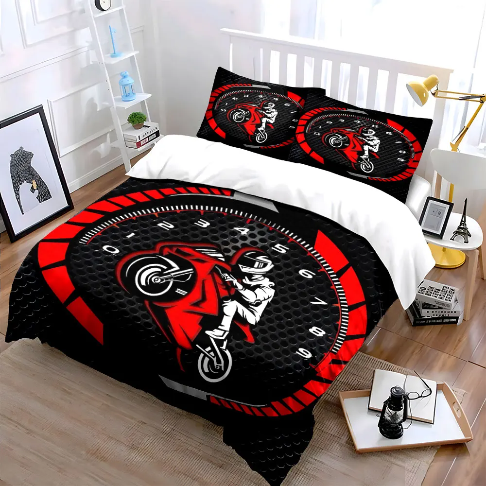 Motorcycle Stunt and Speedometer Design Bedding Set for Kids Luxury Gift 3pcs Digital Print Comforter Set Soft Comfortable