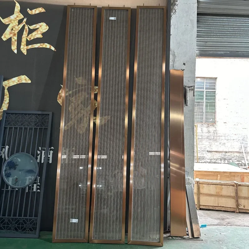 Modern Simple Rose Gold Brushed Metal Wire Glass Partition Screen for Living Room Entrance Stainless Steel Art Divider Decor