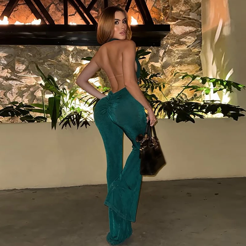 STYLISH LADY Elegante OL Flare Tuta 2025 Autunno Donna Halter Scollo a V Backless Aderente Sexy Club Party Metallo Tuta intera