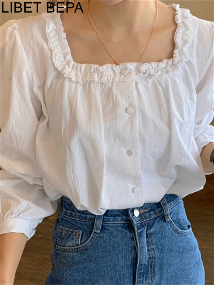 BL3317 New 2024 Spring Summer Women\'s Blouses Fashionable Single Breasted Square Collar Puff Sleeve Vintage Solid Shirts Tops