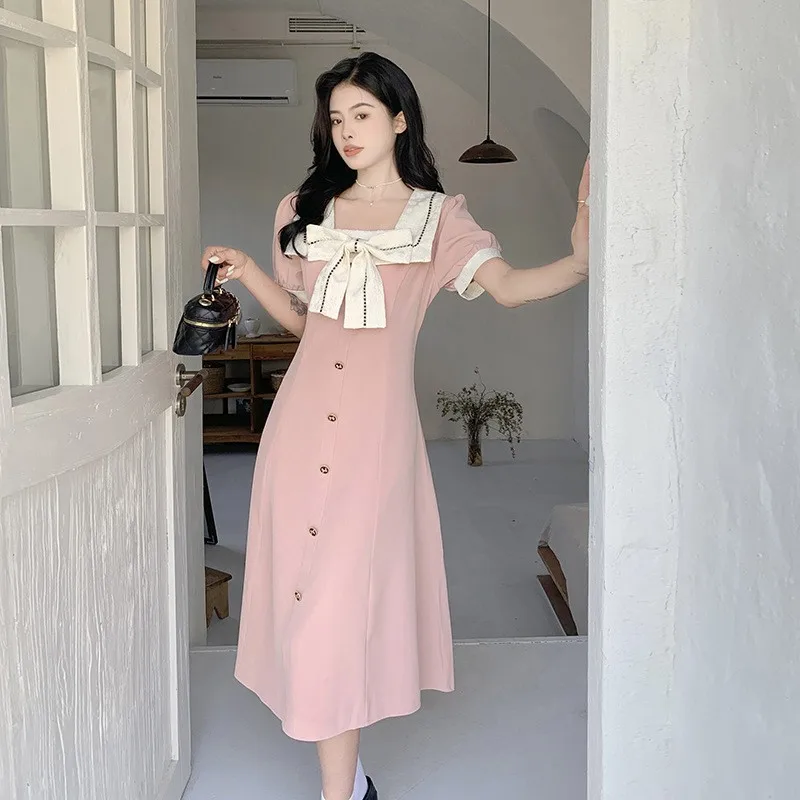 플러스 사이즈 나비 매듭 슬리밍 드레스 여성 디자인 감각적인 배형 체형 스커트 하이웨이스트 A라인 반팔 비즈니스 캐주얼