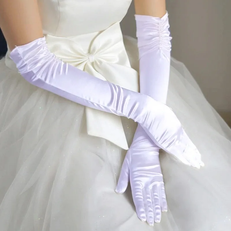 Wedding Satin  1920s Party Prom Elbow Length Long Opera Gloves with Pearls for Women and Girls