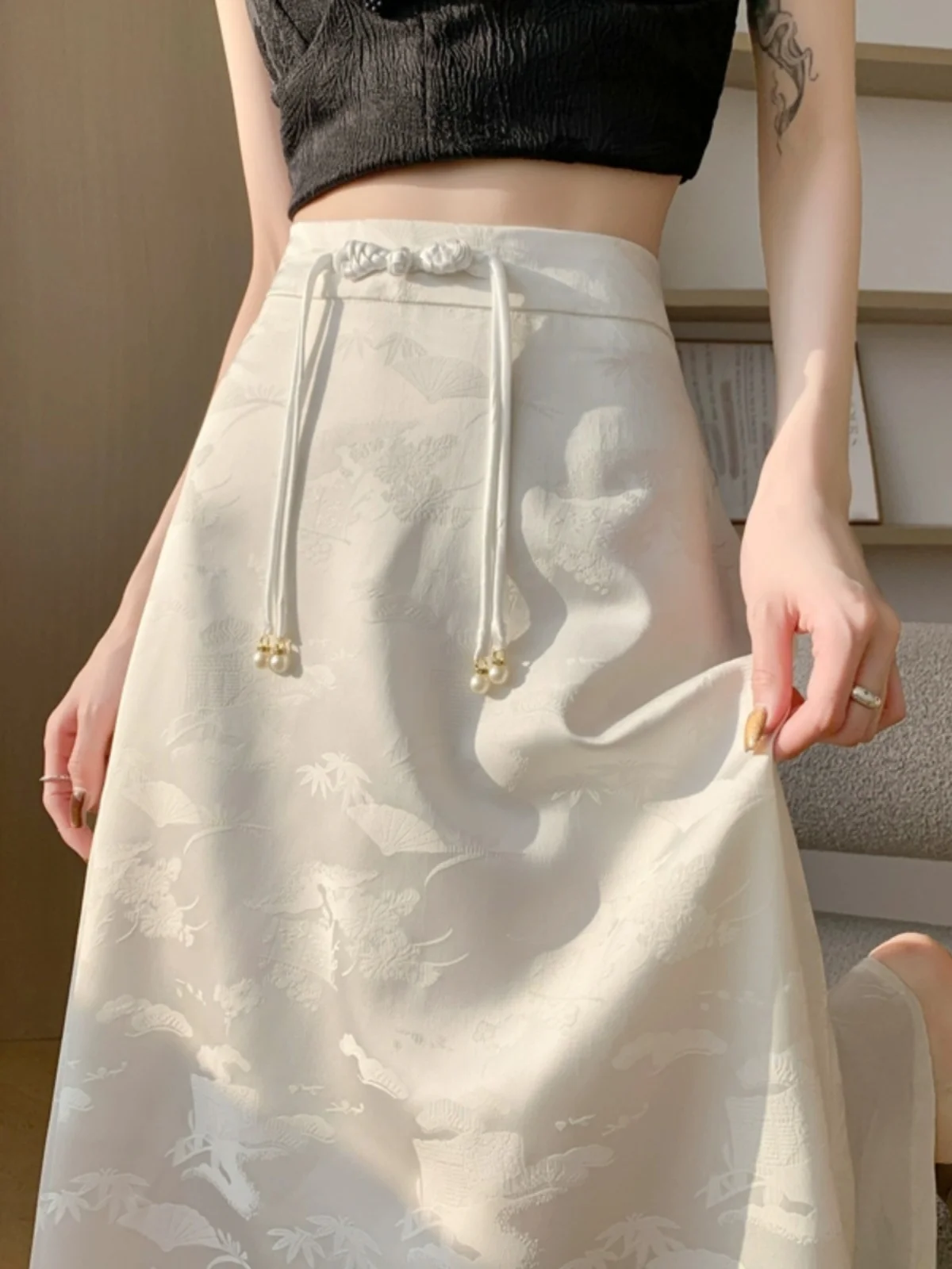 Off-white new Chinese national style women jacquard skirt women drape satin super-long A-line skirt