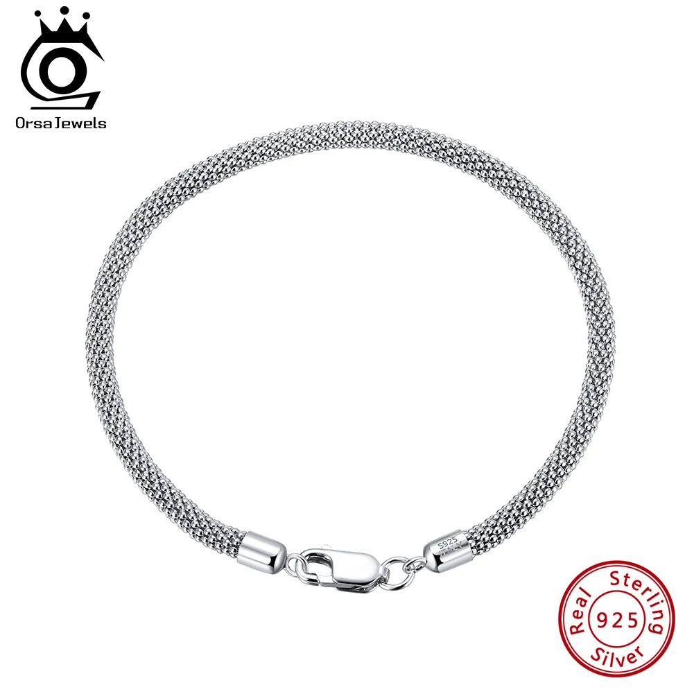 ORSA JEWELS 3mm Mesh Popcorn Chain Bracelets Genuine 925 Sterling Silver Lobster Clasp Bangle Rhodium Plated Jewelry Gift SB65