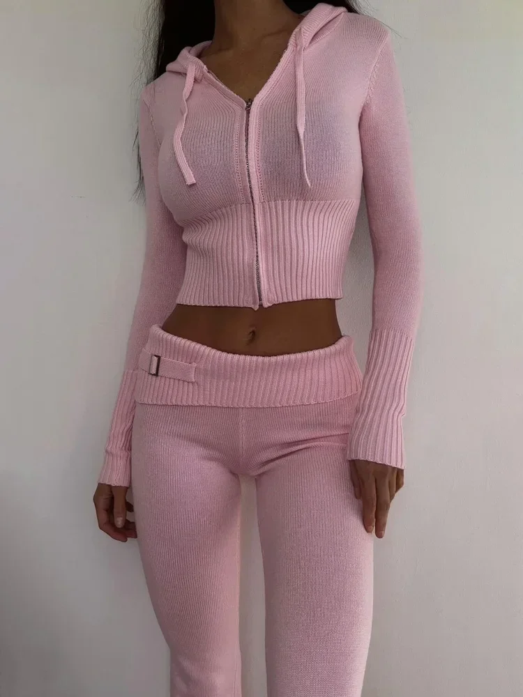 BWQ Women Spring Outfits Casual Zipper Sweater Hoodie Set High Waist Flare Pants Suits Pink Knitted Womens Y2k Two Piece Set