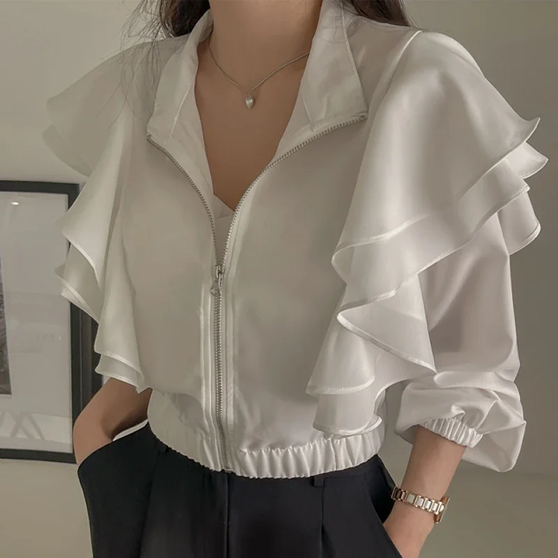 Women Clothing Stand Neck Korean Coat Long Sleeve Slim Waist Crop Tops 2023 Ropa Mujer Ruffles Chic Temperament Loose Jackets