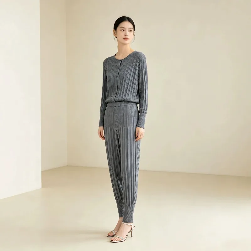 Miyake Pleated Suit Women 2026 Autumn New Elegant Round Neck Long Sleeve Cardigan Top Harem Pants Commuter Casual Two-Piece Set