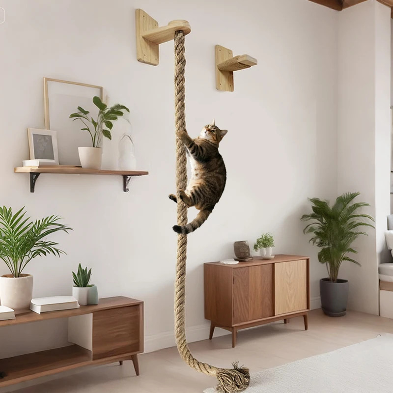 

Ropecube Wall-Mounted Cat Climbing Rope Tree with Scratching Post, Large Ladder and Resting Platform Using Layered Wooden Boards