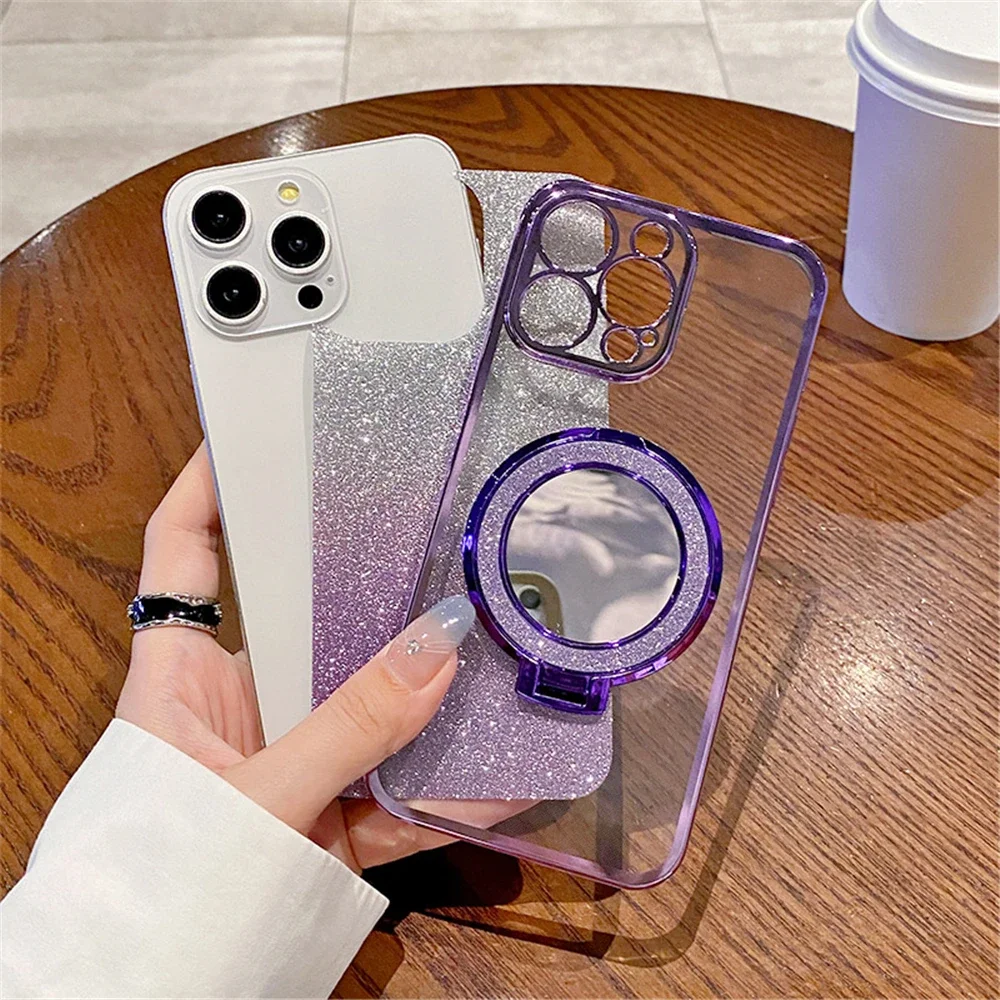 Glitter Mirror Bracket Gradient Case For Samsung A56 A26 A36 A16 A06 A55 A15 A35 A54 A24 A34 A14 A05S Soft Cover With Bracelet