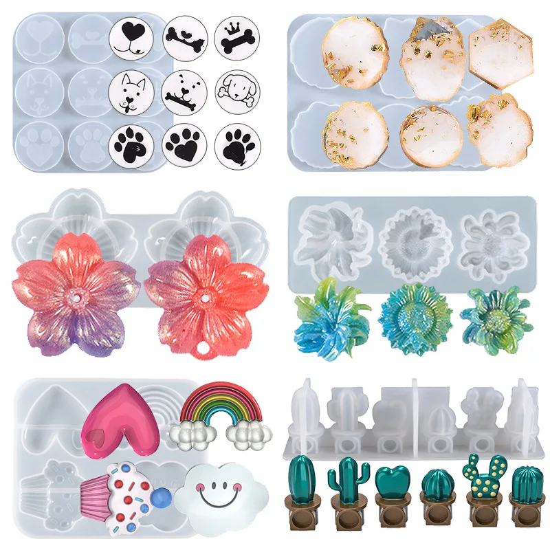 Silicone Molds for DIY Epoxy Resin, Geometric Heart Round Block Gem Patch Ice Cube Cactus Pendant with Hole, Jewelry Making Hang