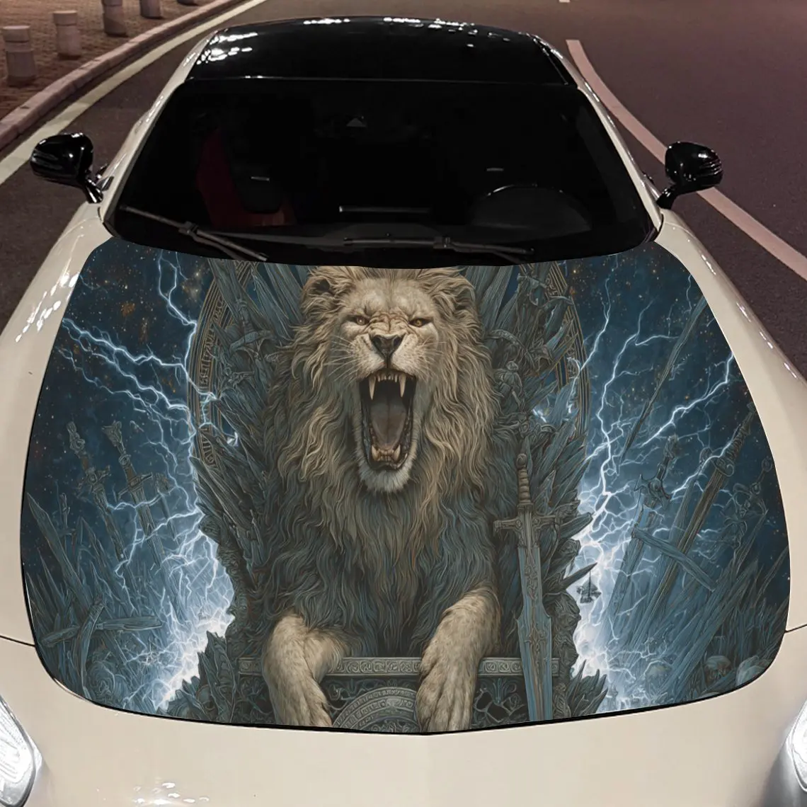 

Fierce Lion with Skulls and Swords - Lightning Car Hood Sticker, Waterproof Self-adhesive Vehicle Vinyl Wraps Decal, Trendy Auto