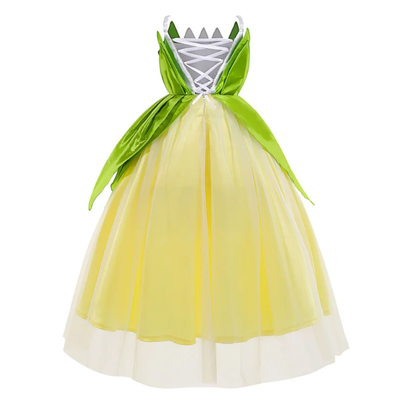 Halloween Children Tiana Cosplay Costume Girls Party Green Gowns Flower Princess Dresses Fancy Forest Fairy Elf Dress Up