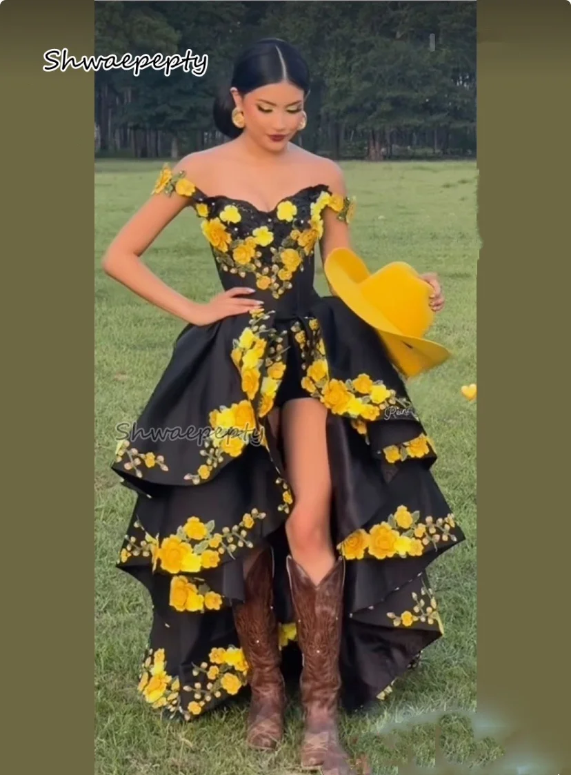 Mexican High Low Prom Dress Bright Yellow Floral Appliques Ruffles Off Shoulder Black Satin Birthday Party Gown Customized