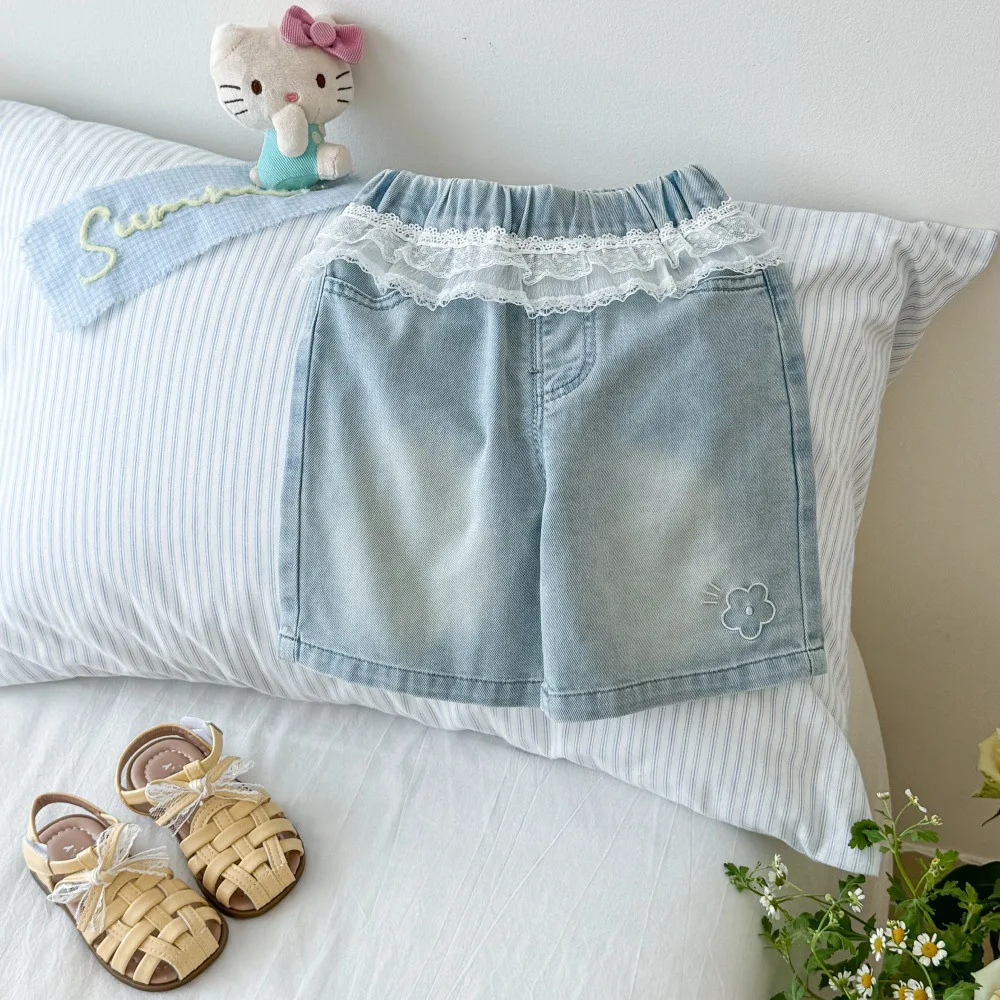 

Children's Clothing, Small and Medium-sized Children, Spring, Summer, Autumn, Denim Shorts, Stylish Lace Mid Length Pants