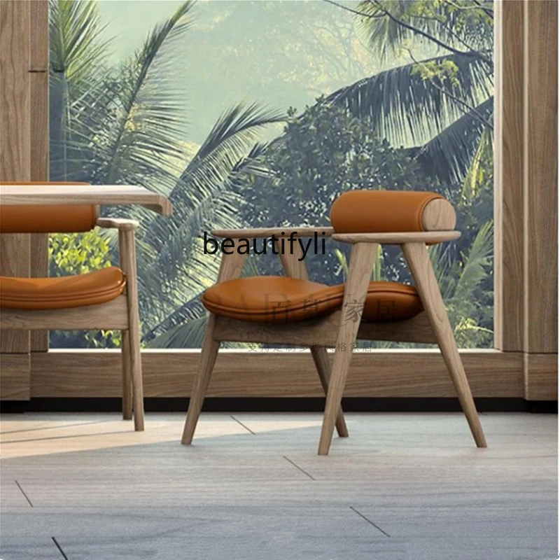 

Vintage Solid Wood Dining Chair Designer Niche Retro Homestay Leisure Chair High-End Ash Wood Dining Table and Chair Set