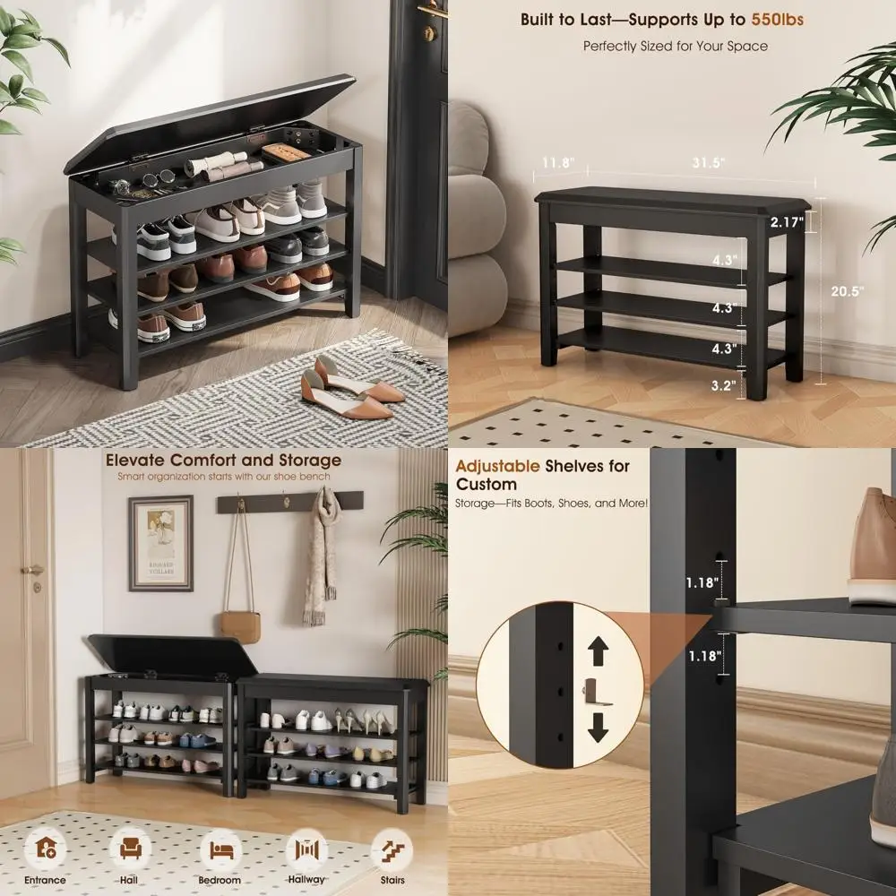 

Mid-Century Modern 3-Tier Wooden Shoe Rack Bench with Rubberwood Construction, Supporting Up to 550lbs, Ideal for Compact Entryw