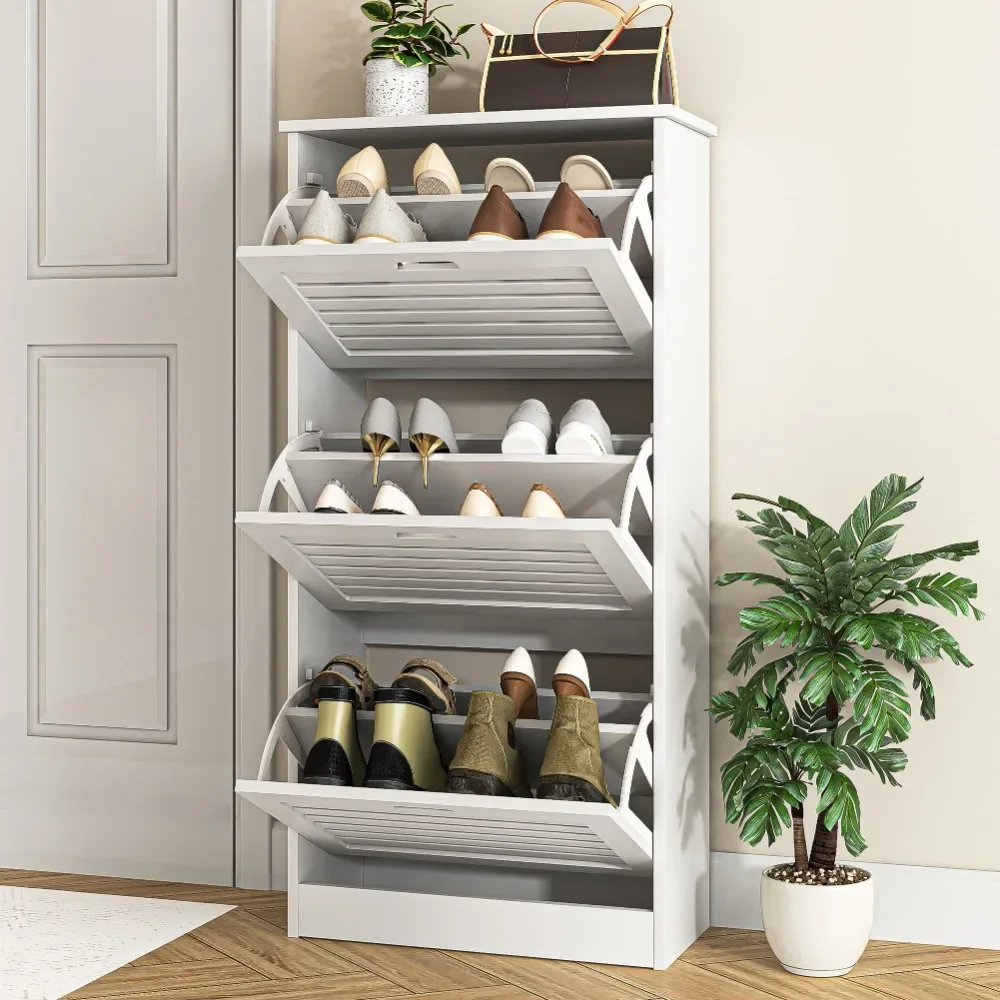 

Modern Wooden Shoe Cabinet for Entryway with 3 Flap Drawers, White
