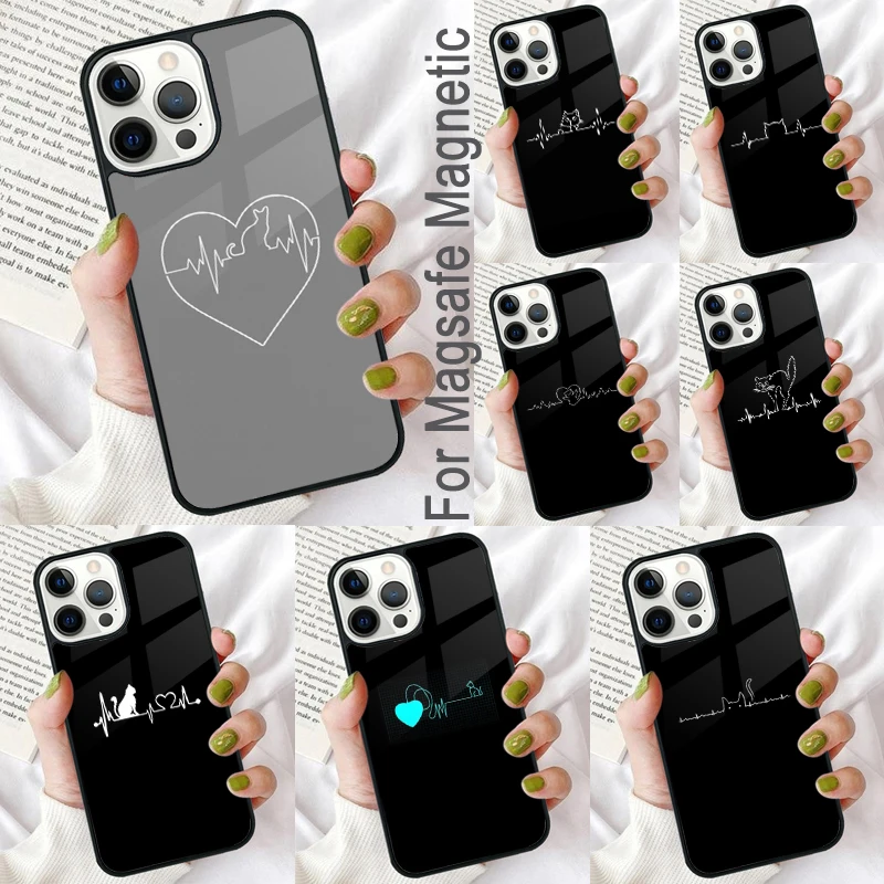 Cat Heartbeat Magnetic Soft Phone Case for iPhone 16 Promax 15 Pro 13 14 Plus 11 12 Mini MagSafe Coque