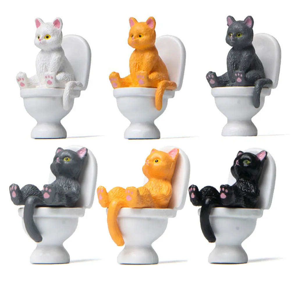 Kawaii 4 Colors Resin Cat on Toilet Sit Tight Figurine Desktop Mini Garden Miniatures Figures Home Decor Cake Topper Decoration