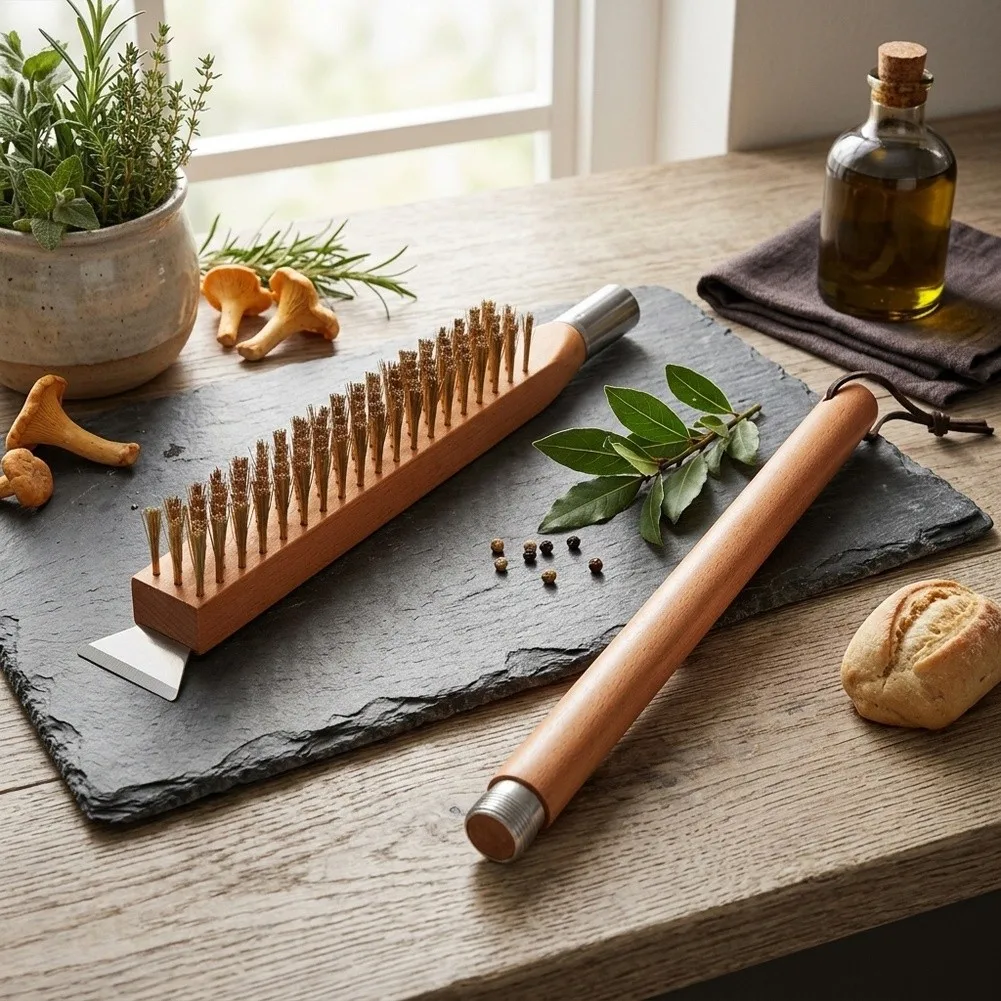 Stainless Steel Brush for Pizza Ovens with 50cm Wooden Handle Compatible with Grills Pizza Stones and Baking Surfaces