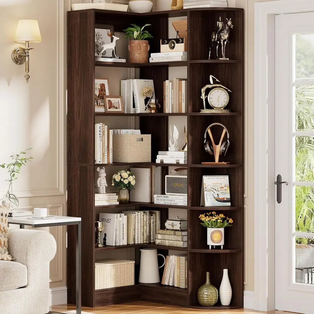 71 7-Tier L-Shaped Bookshelf with Edge Guard, Space-Saving Storage Rack for Living, Bedroom, Kitchen in Black Walnut