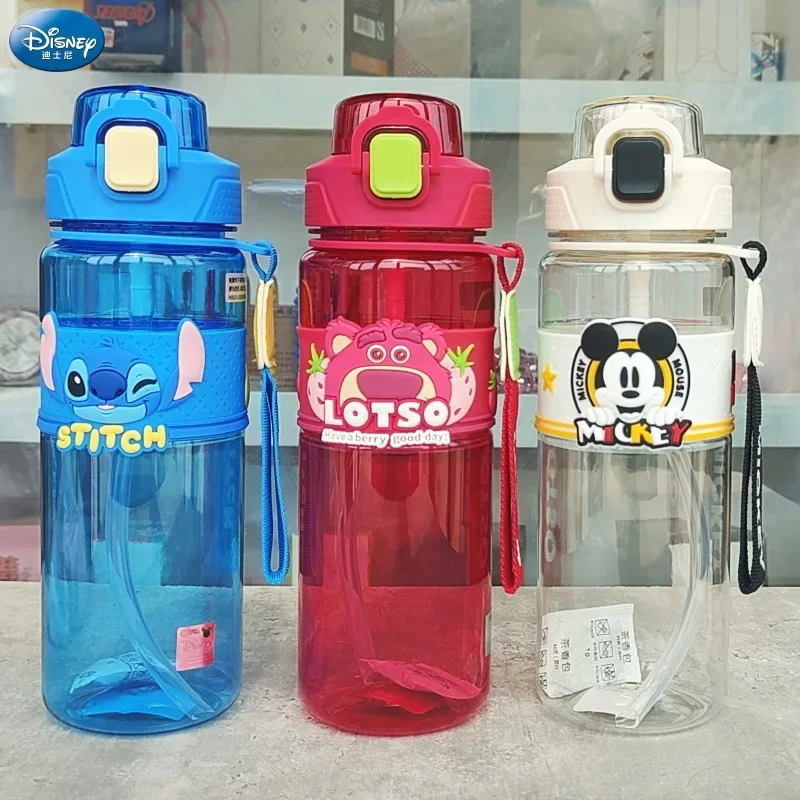 Disney Stitch Kids Water Cup Tritan Drop Resistant 3D Kawaii Anime Mickey Losto Boy Girl Straight Drink Straw School Kettle Gift