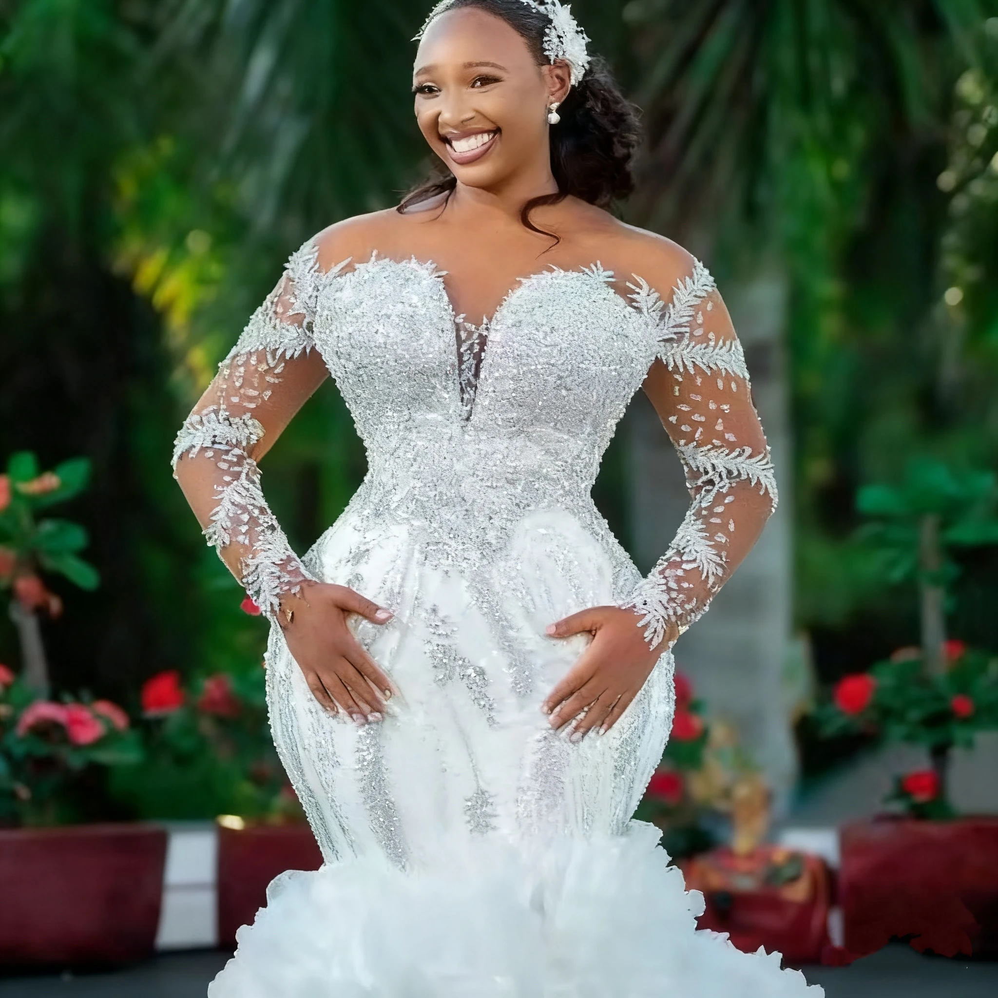 African Wedding Dress 2025 Luxury Mermaid Crystal Beaded Illusion Sleeve Ruffles Train High Quality Bridal Gown Customized