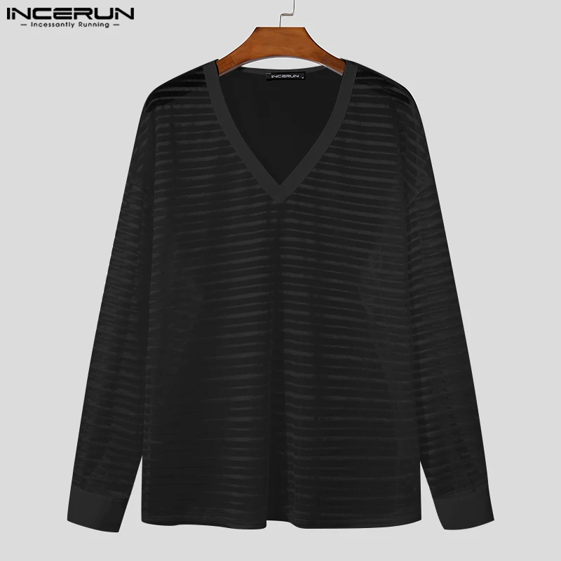 2024 Men T Shirt Striped V Neck Mesh Transparent Loose Long Sleeve Men Clothing Streetwear Fashion Sexy Tee Tops S-5XL INCERUN