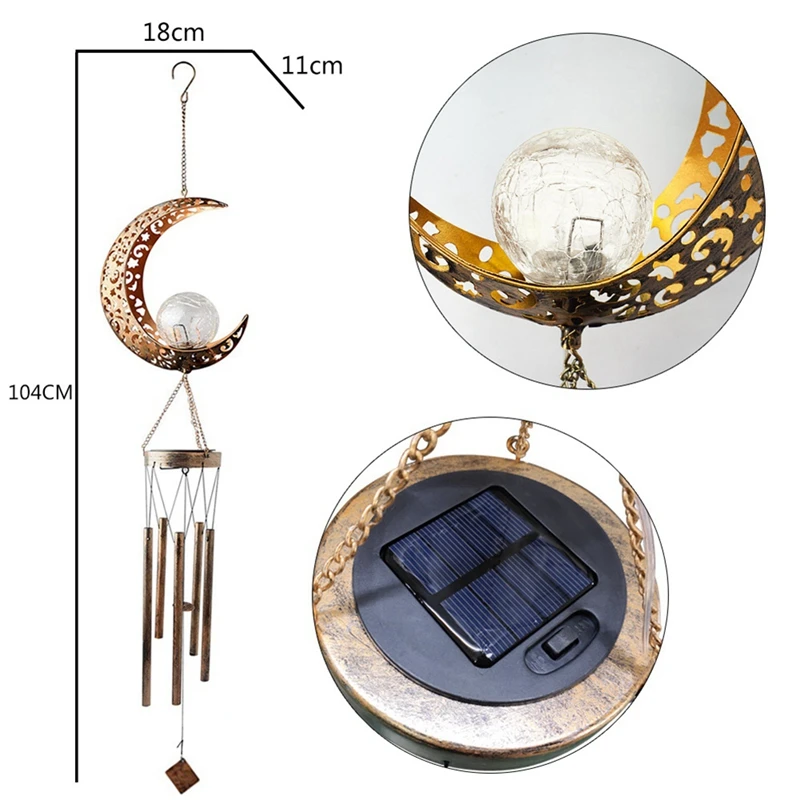 Lua Wind Chime Lamp, Wind Bell Pendant, LED, Outdoor Solar Wind Chimes, Crackle Bola De Vidro, Decoração Do Jardim, Windchimes