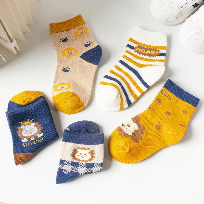 5 Pack Toddler Boys Lion Pattern Socks Colorful Plaid Stripe Soft Cotton Mid Tube Kids Daily Wear Socks