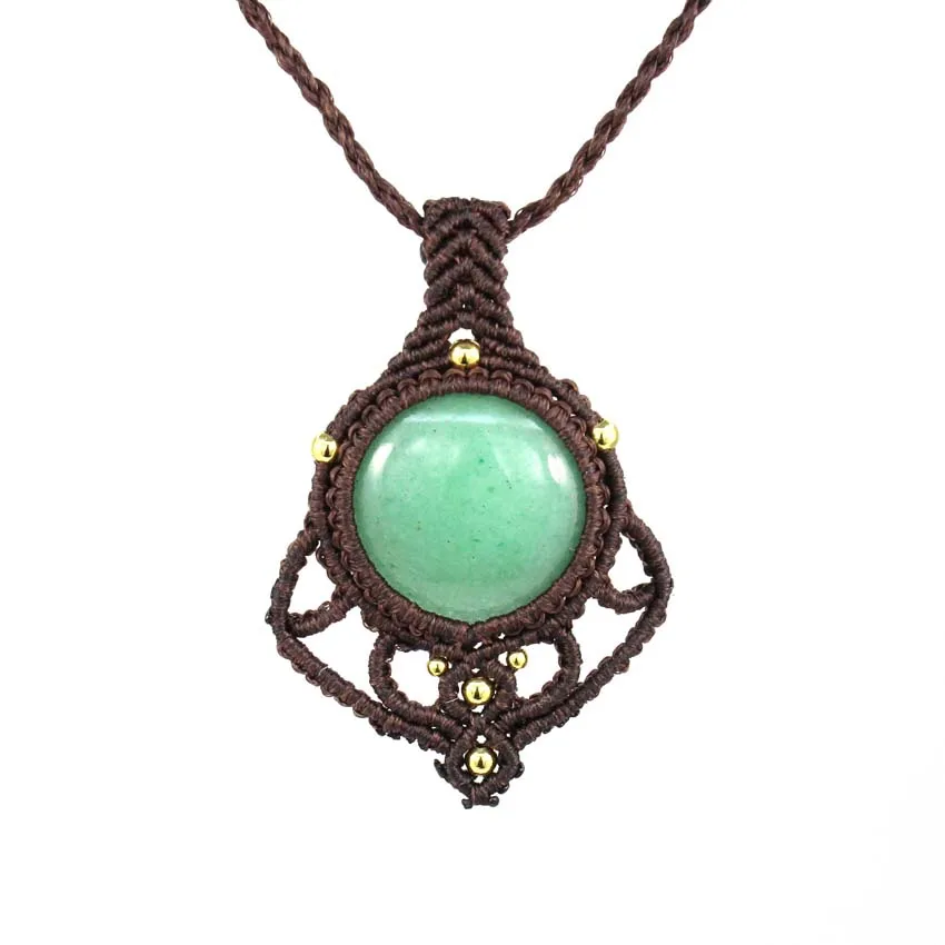 

KFT Handmade Thread Rope Wrapped Natural Round Green Aventurine Stone Pendant Braided Macrame Chain Necklace Women Men Jewelry