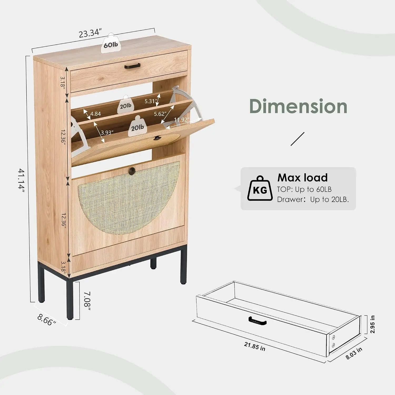 Semi-Circular Rattan Door Shoe Cabinet Storage Organizer, Entryway Wooden Sneaker & High Heel Rack, 2-Door Oak, Customized