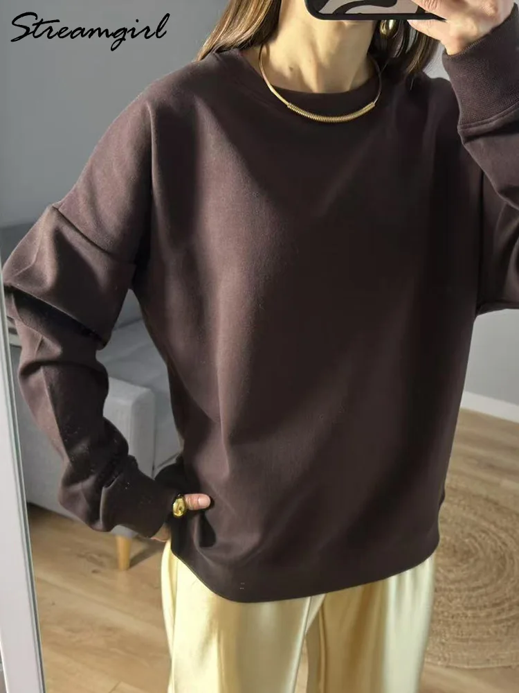 Damskie bluzy oversize na jesień, bawełniane luźne pulowery, czerwona bluza z okrągłym dekoltem, ciepła bluza dla kobiet, odzież zimowa oversize z polaru.