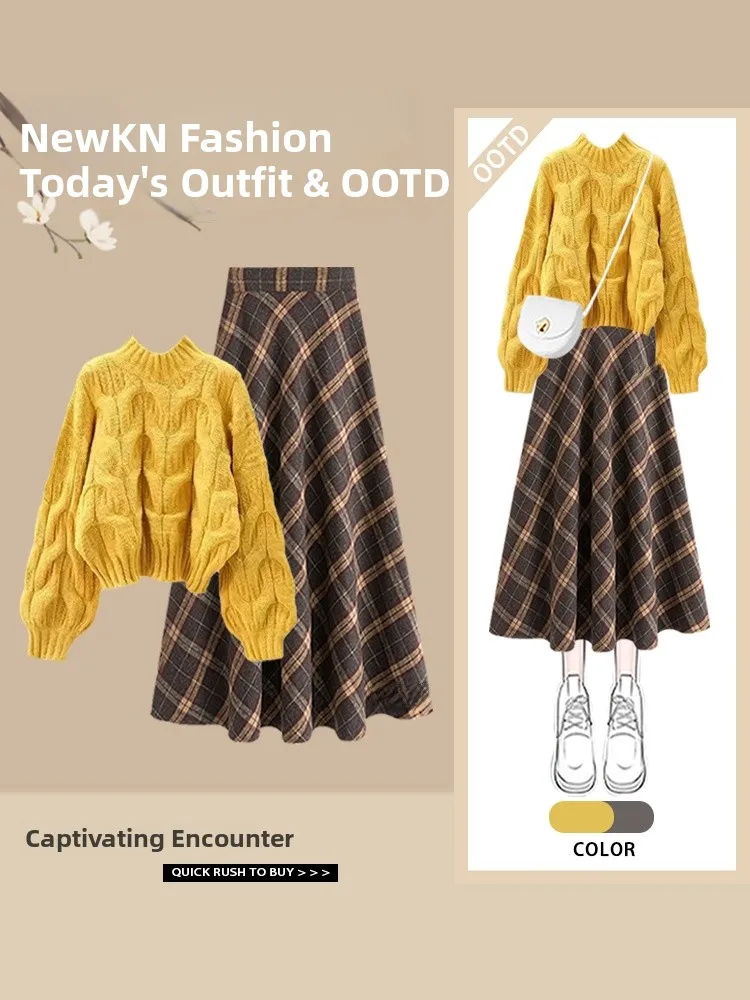 Roter Strickpullover mit hoher Taille und Rock, zweiteiliges Set für Neujahr, Festival, Herbst-Winter-Saison, lässig, vielseitig, Damen-C...