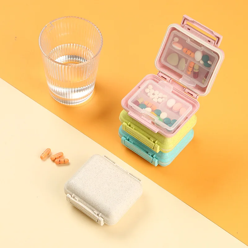 المحمولة القمح القش طبقة مزدوجة قفل ختم مقاوم للرطوبة 6-مقصورة صندوق دواء اللوحي المنظم حقيبة للتخزين