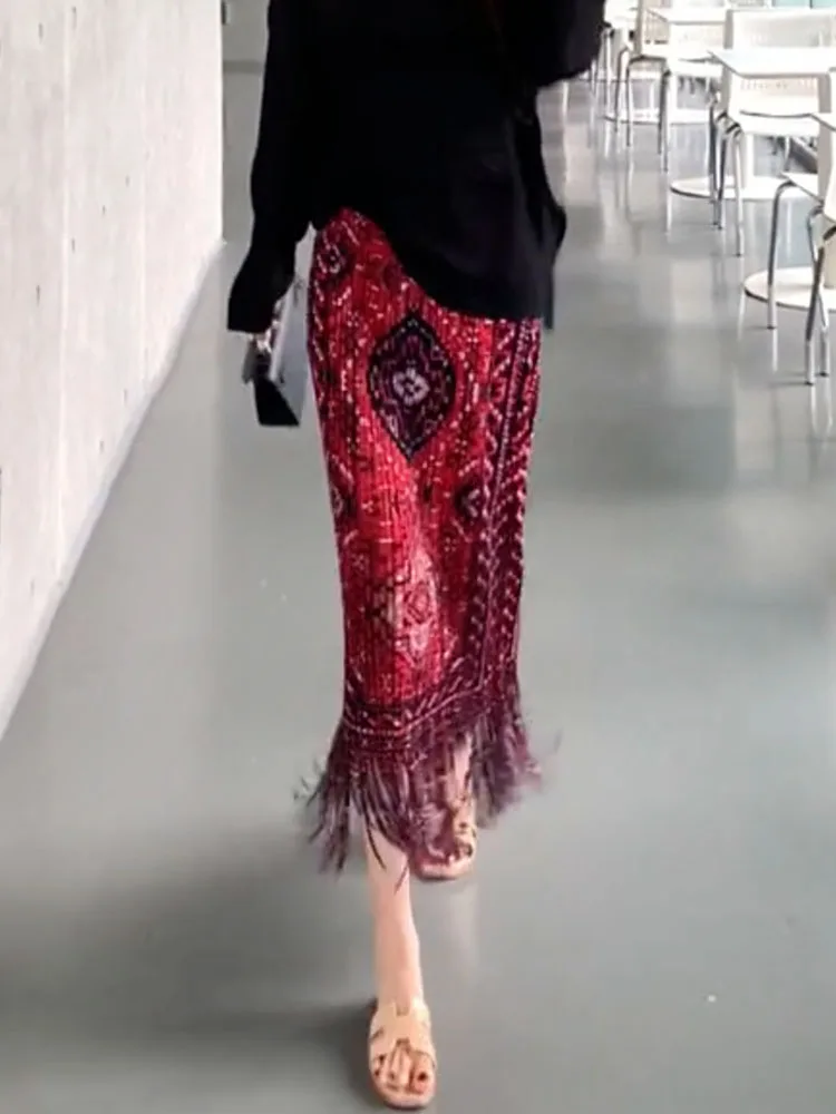 

Новая юбка макси с высокой талией и бахромой, с этническим узором, осень-зима 2024, для стройнящего эффекта